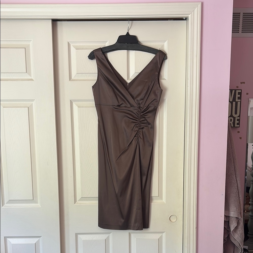 Donna Ricco Brown Ruched Wrap Midi Dress